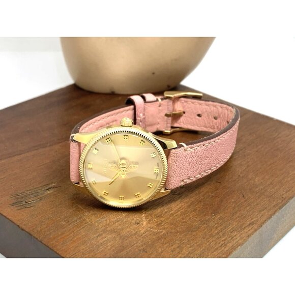GUCCI Women's Watch YA126041 G-Timeless Swiss Quartz Gold Pink Leather Band 29mm - Picture 8 of 14